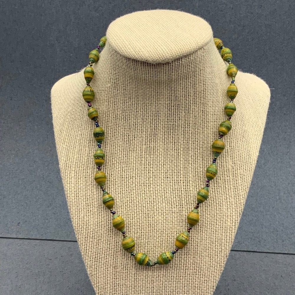 Green Yellow Rolled Paper Necklace Blue Purple Iridescent Seed Bead